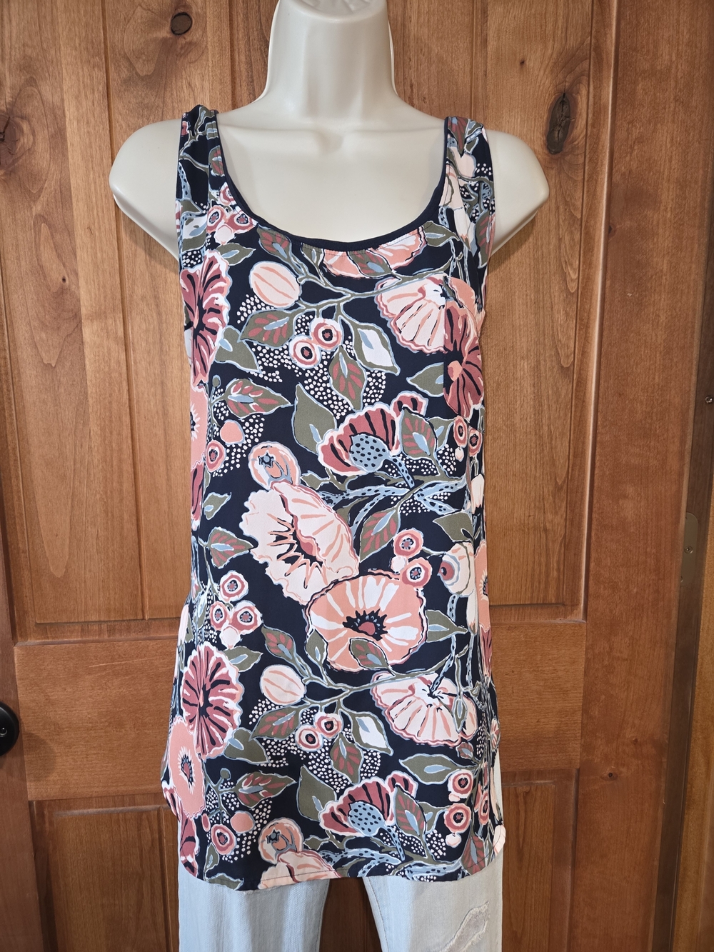 LOFT Floral Scoop Neck Tank - Navy, Coral & Olive